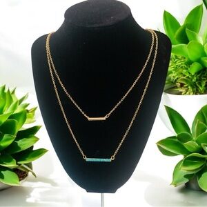 Double Strand Gold Tone Necklace w/ Blue & Gold Bars Costume Jewelry - 26in